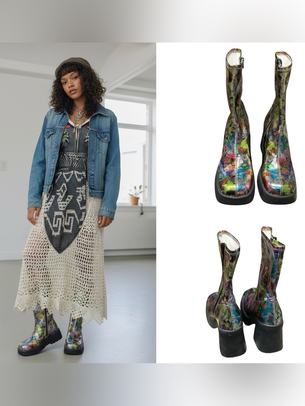 Steve Madden Klayton Comic Print Platform Boots Women 8.5 M Chunky Heel Mid Calf